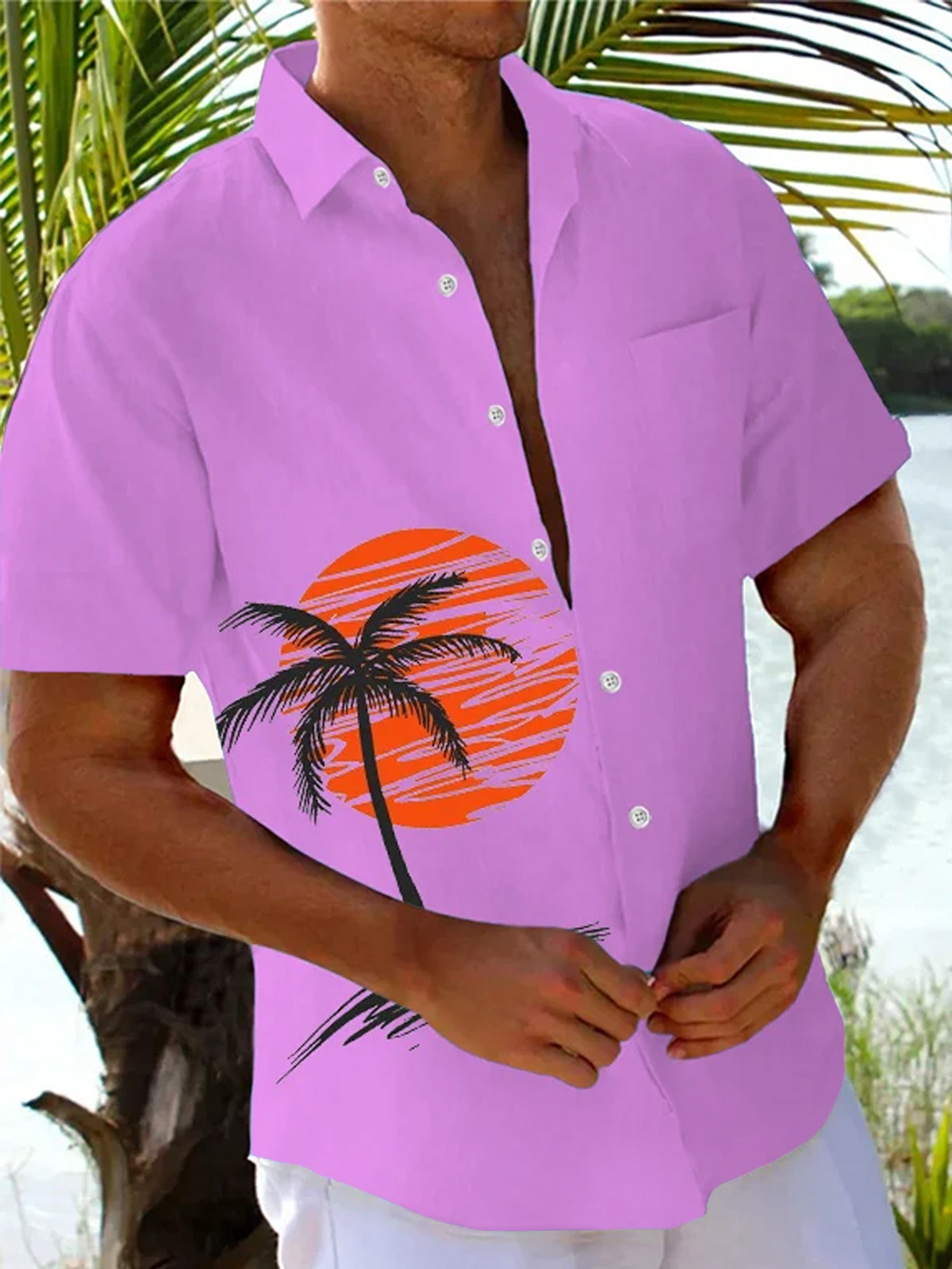 Hawaiian Coconut Tree Men's Pocket Short Sleeve Shirts