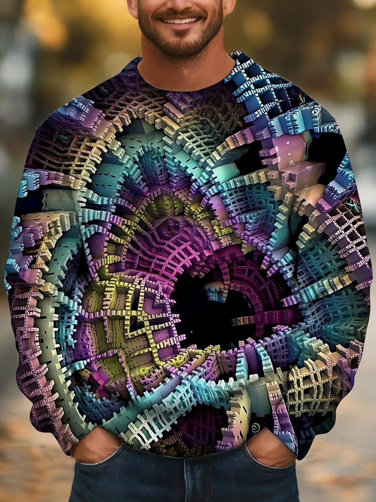 Abstract Print Men's Long Sleeve Round Neck Tops