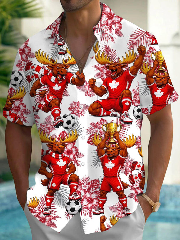Canadian Funny Moose Soccer Hawaiian Print Men's Pocket Short Sleeve Shirts