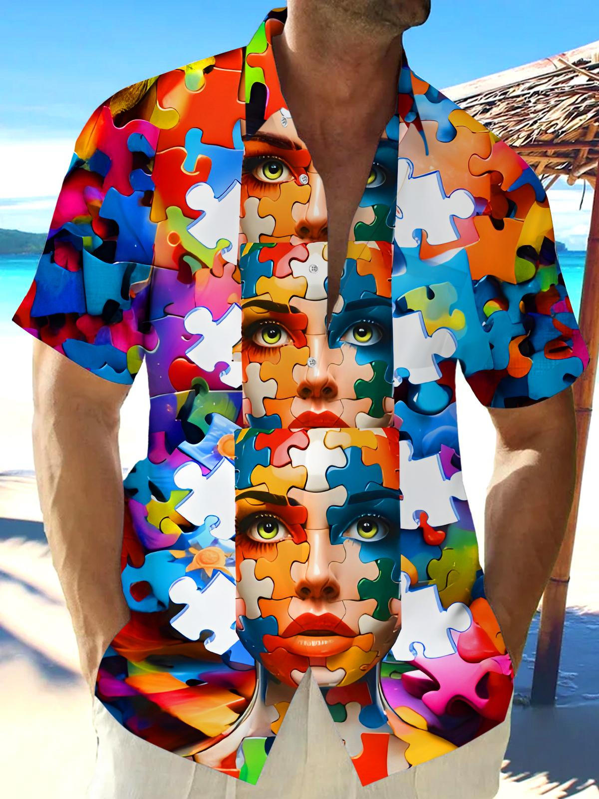 Funny Colorful Face Puzzle Men's Pocket Short Sleeve Shirts