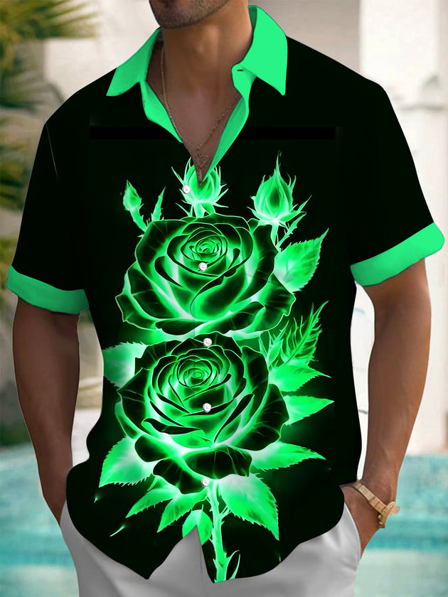 men's flower print short sleeve shirt front view