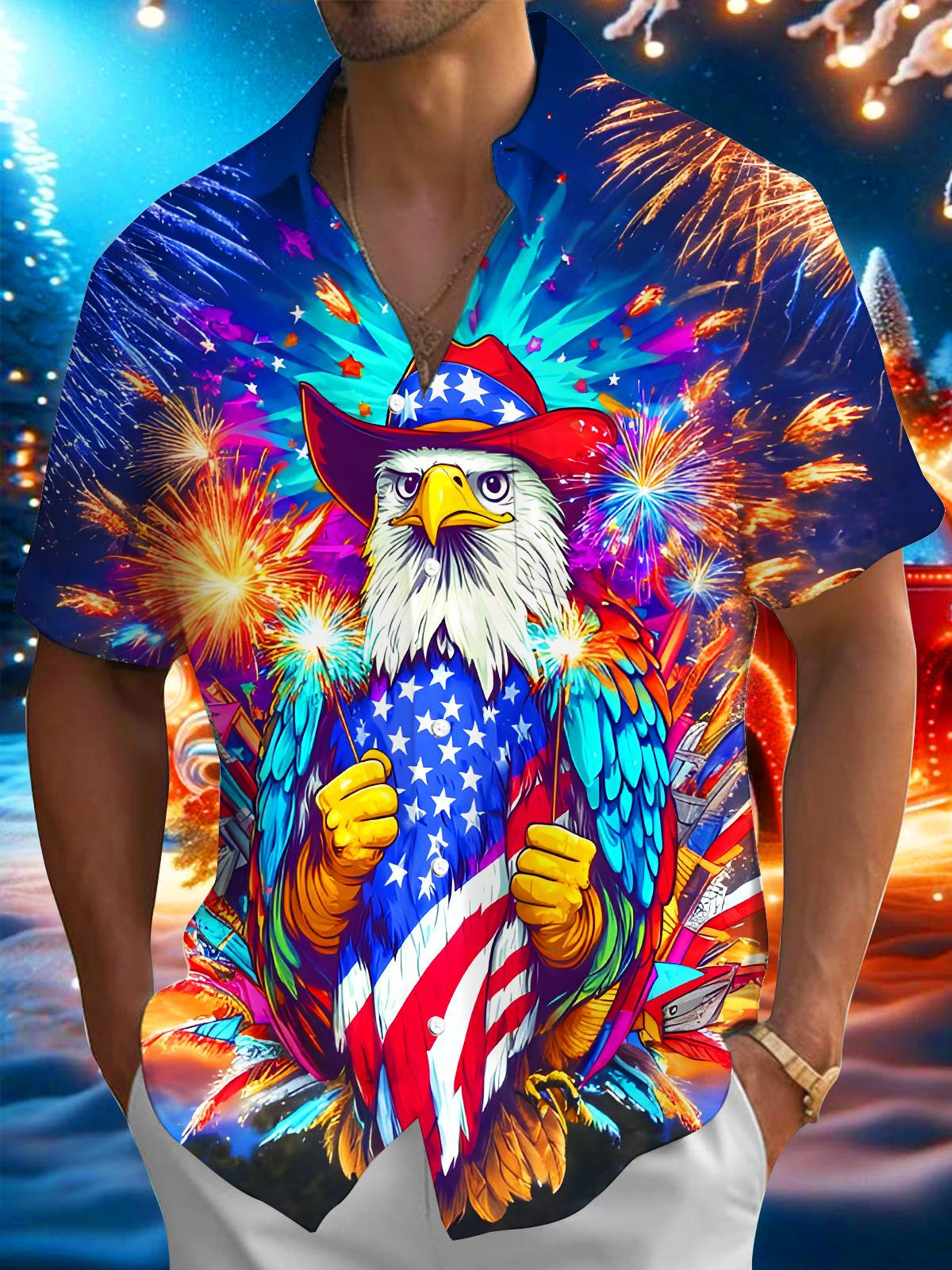 Fun Festival National Flag Eagle Fireworks Men's Pocket Short Sleeve Shirts