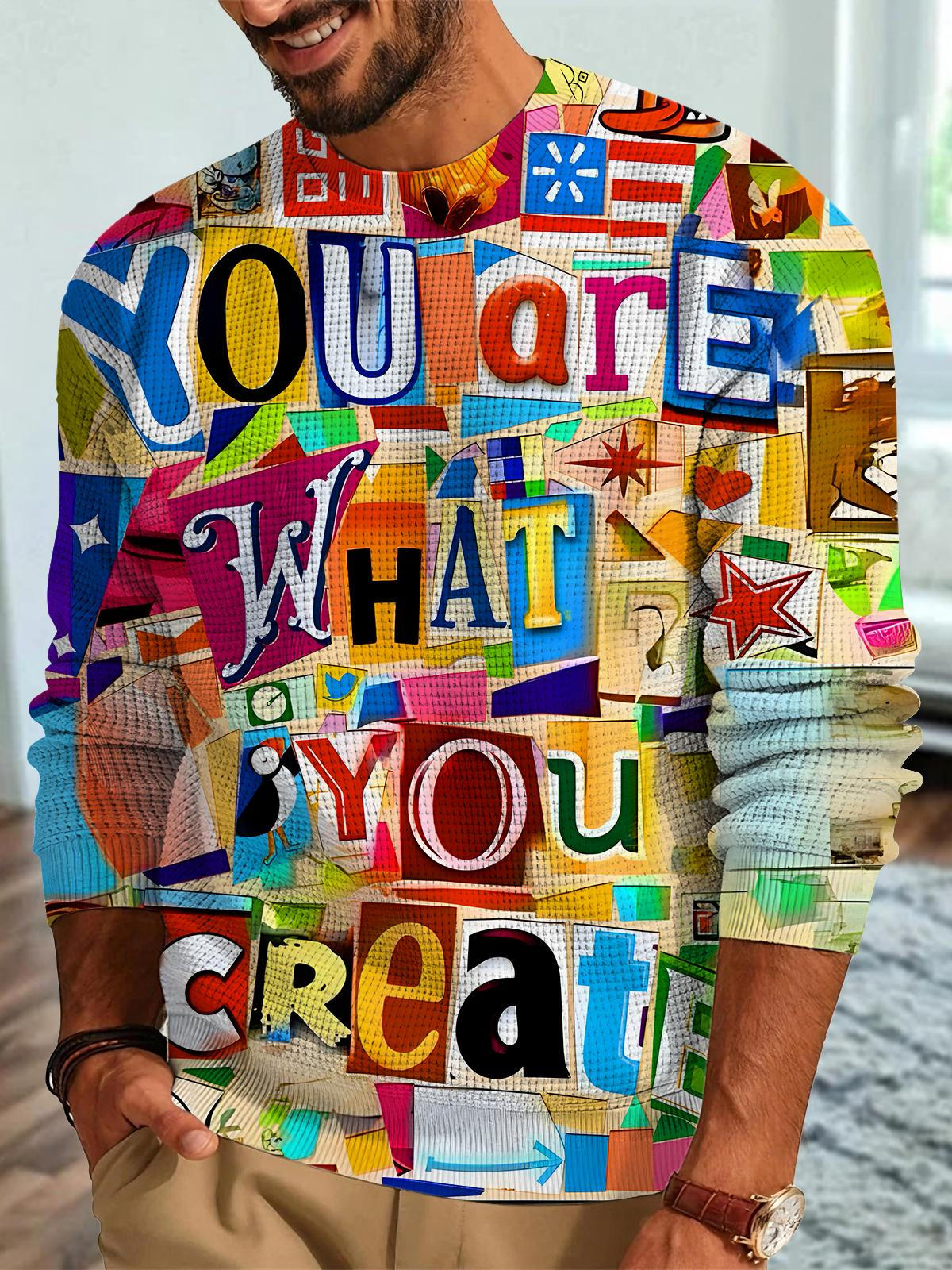 Art Colorful Letters Creativity Men's Long Sleeve Round Neck Tops