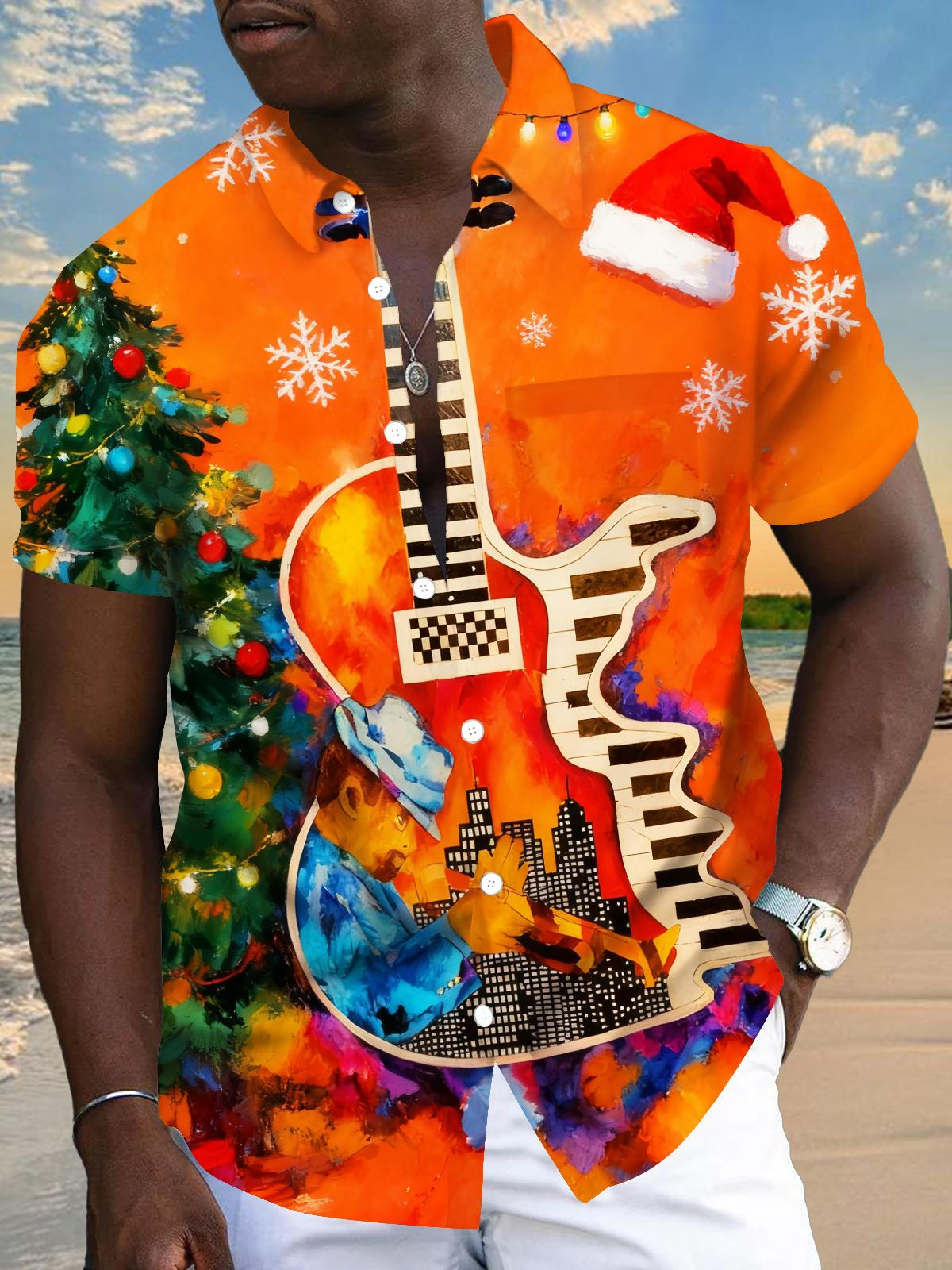 Tie Dye Music Guitar Piano Instruments Christmas Tree Men's Pocket Short Sleeve Shirts