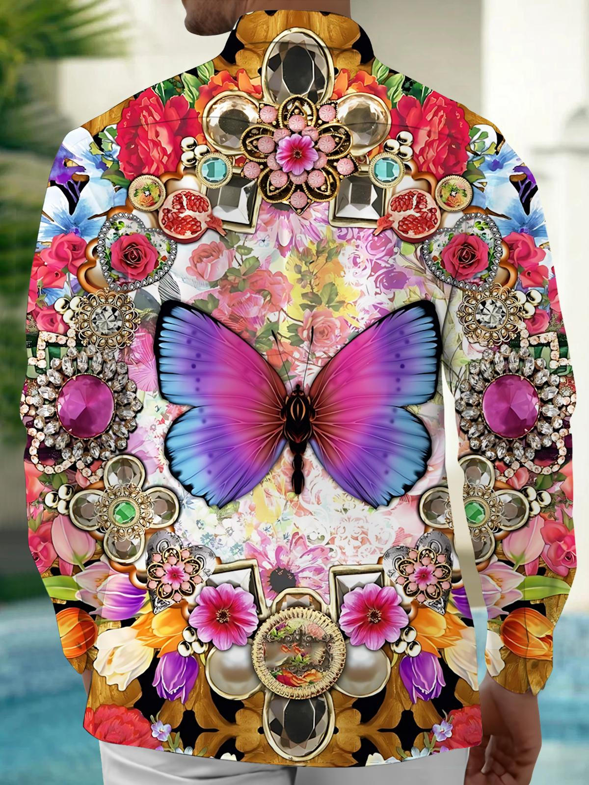 Butterfly Print Men's Pocket Long Sleeve Shirts