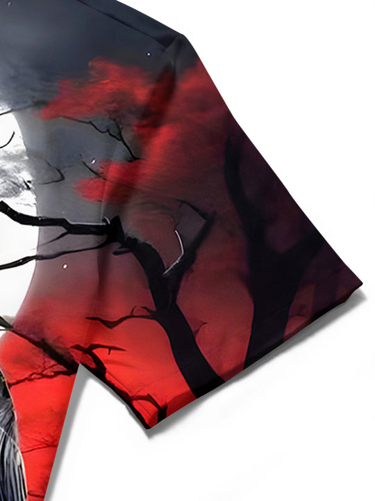men's wolf print shirt close-up short sleeve