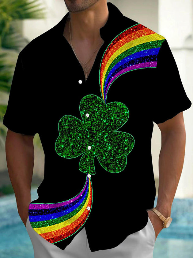 Rainbow Clover Print Men's Pocket Short Sleeve Shirts