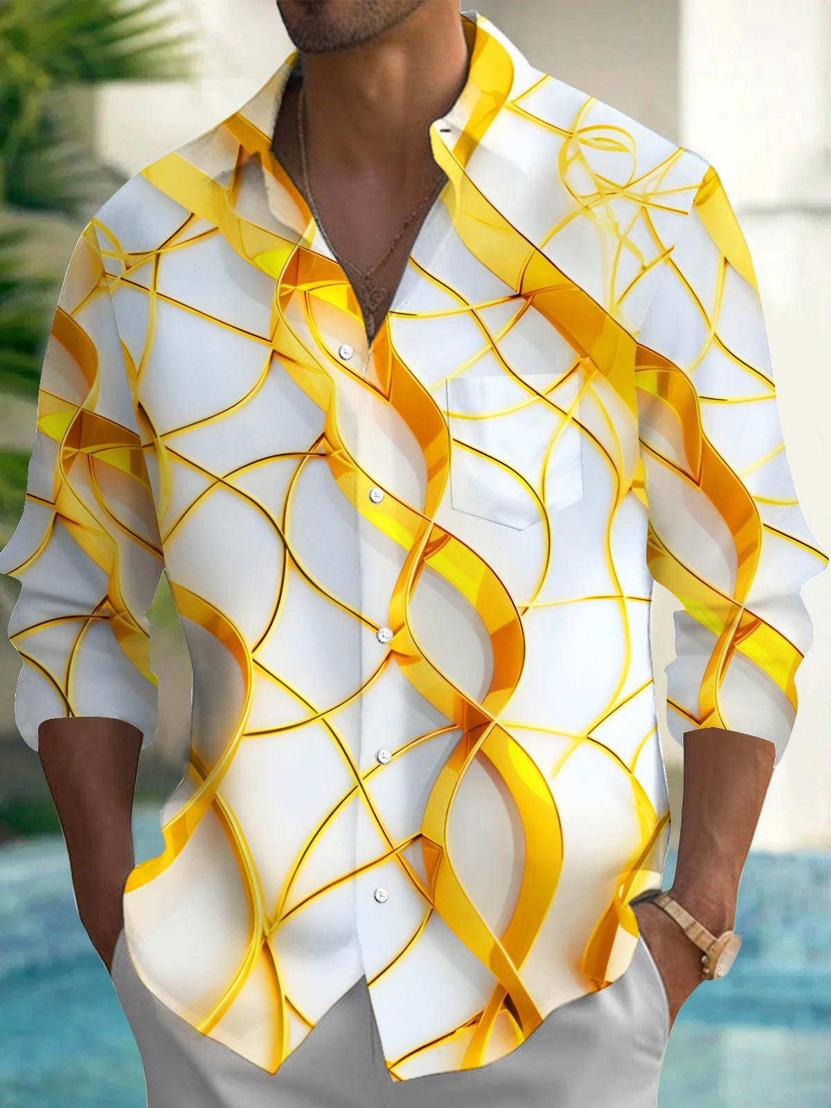 Art Gilded Gold Lines Geometry Men's Pocket Long Sleeve Shirts