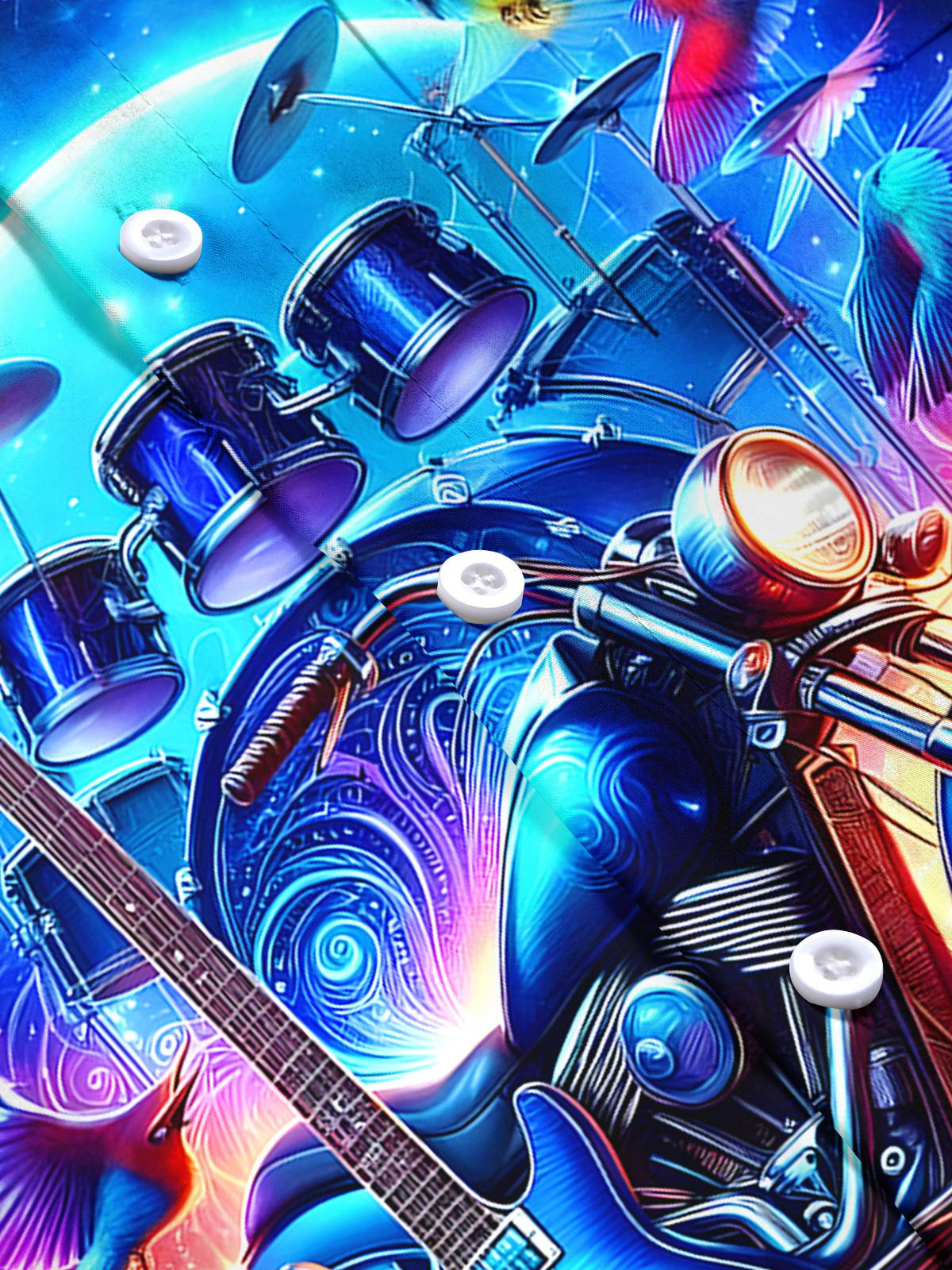 Drums Guitar Motorcycle Men's Pocket Short Sleeve Shirts