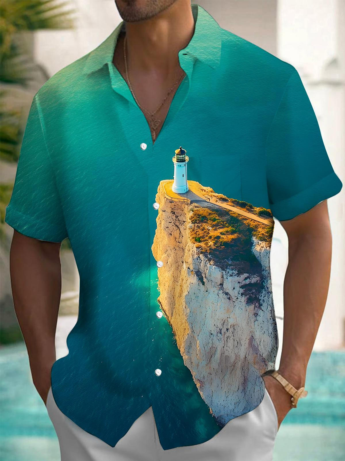 Ocean Lighthouse Print Men's Pocket Short Sleeve Shirts