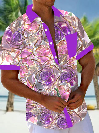 Men's floral short sleeve shirt front view for Valentine's Day