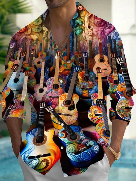 Men's guitar print long sleeve shirt front view