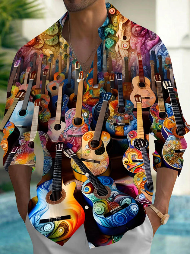Men's guitar print long sleeve shirt front view