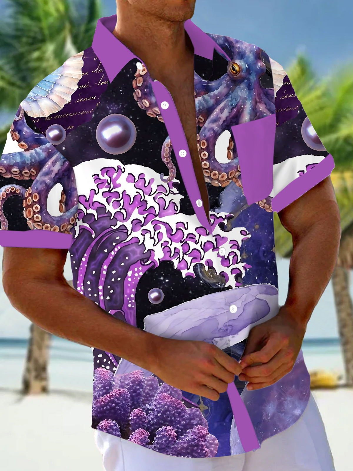 Marine Life Print Men's Pocket Short Sleeve Shirts