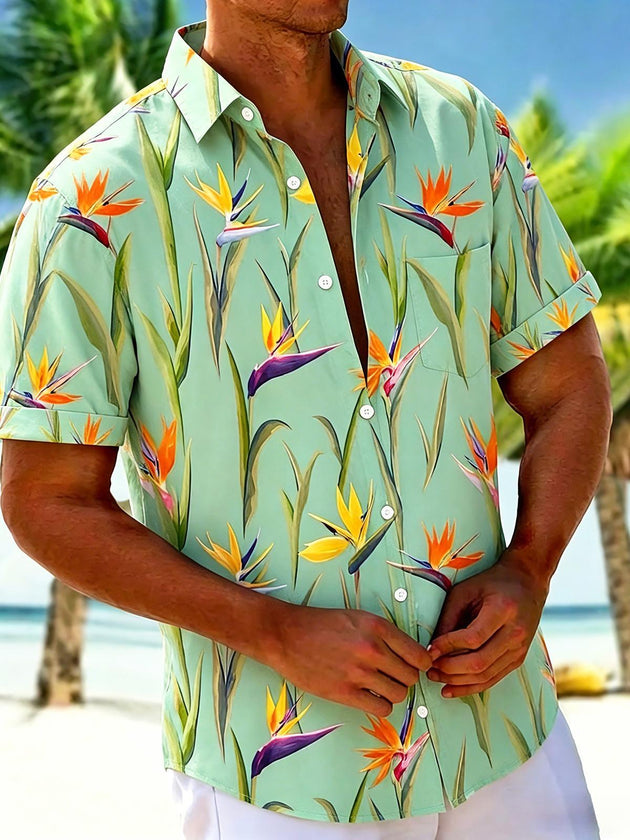 men's Hawaiian shirt front view tropical beach vacation
