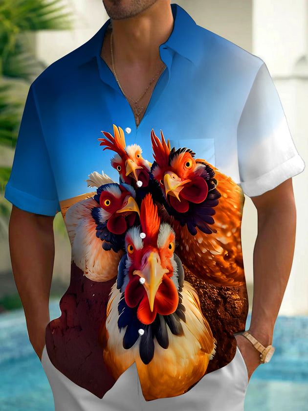 Men's funny rooster pattern short sleeve shirt front view