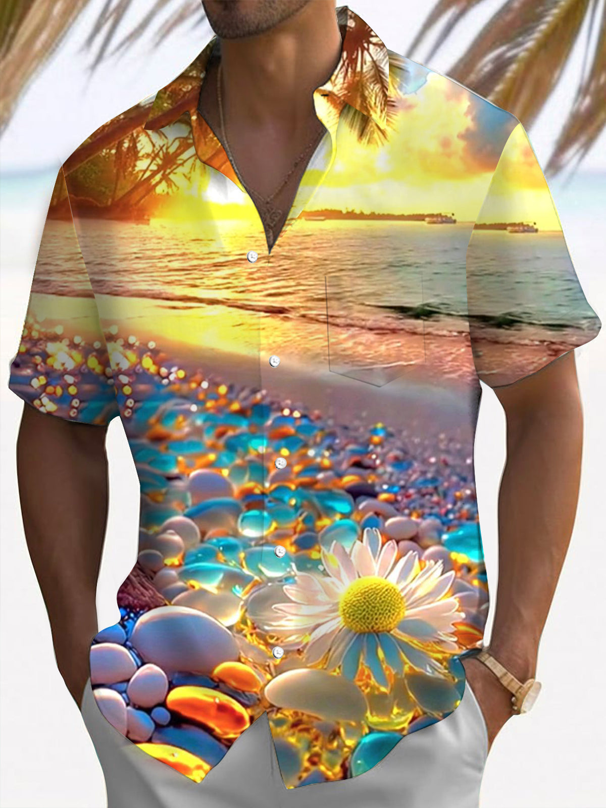 Hawaiian Beach Print Short Sleeve Men's Shirts With Pocket