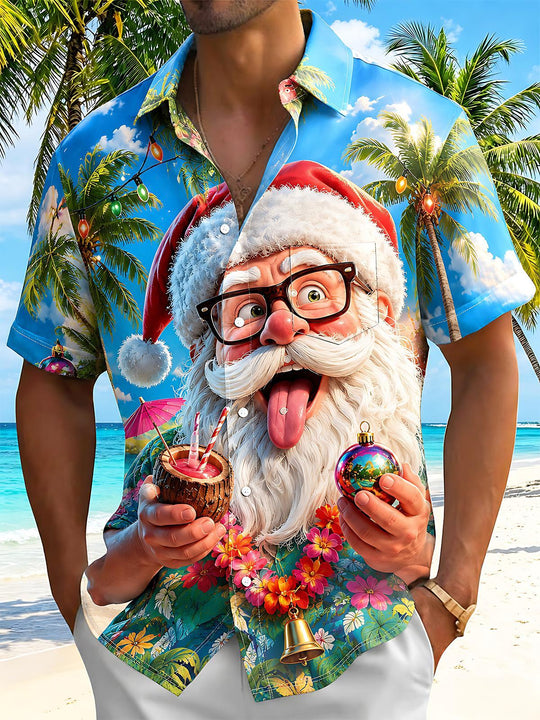 Hawaiian Vacation Tropical Christmas Santa Claus Men's Pocket Short Sleeve Shirts