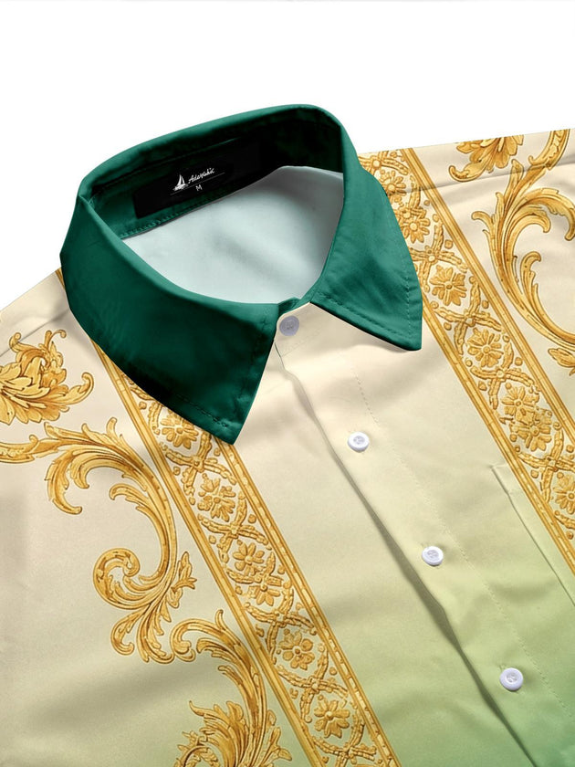 Green Gold Gradient Baroque Pattern Men's Pocket Short Sleeve Shirts