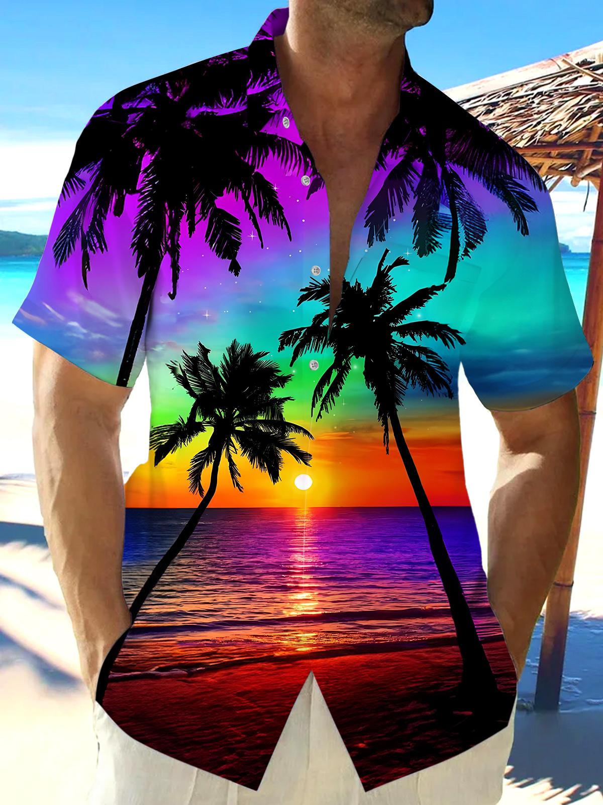 Coconut Tree Gradient Men's Pocket Short Sleeve Shirts