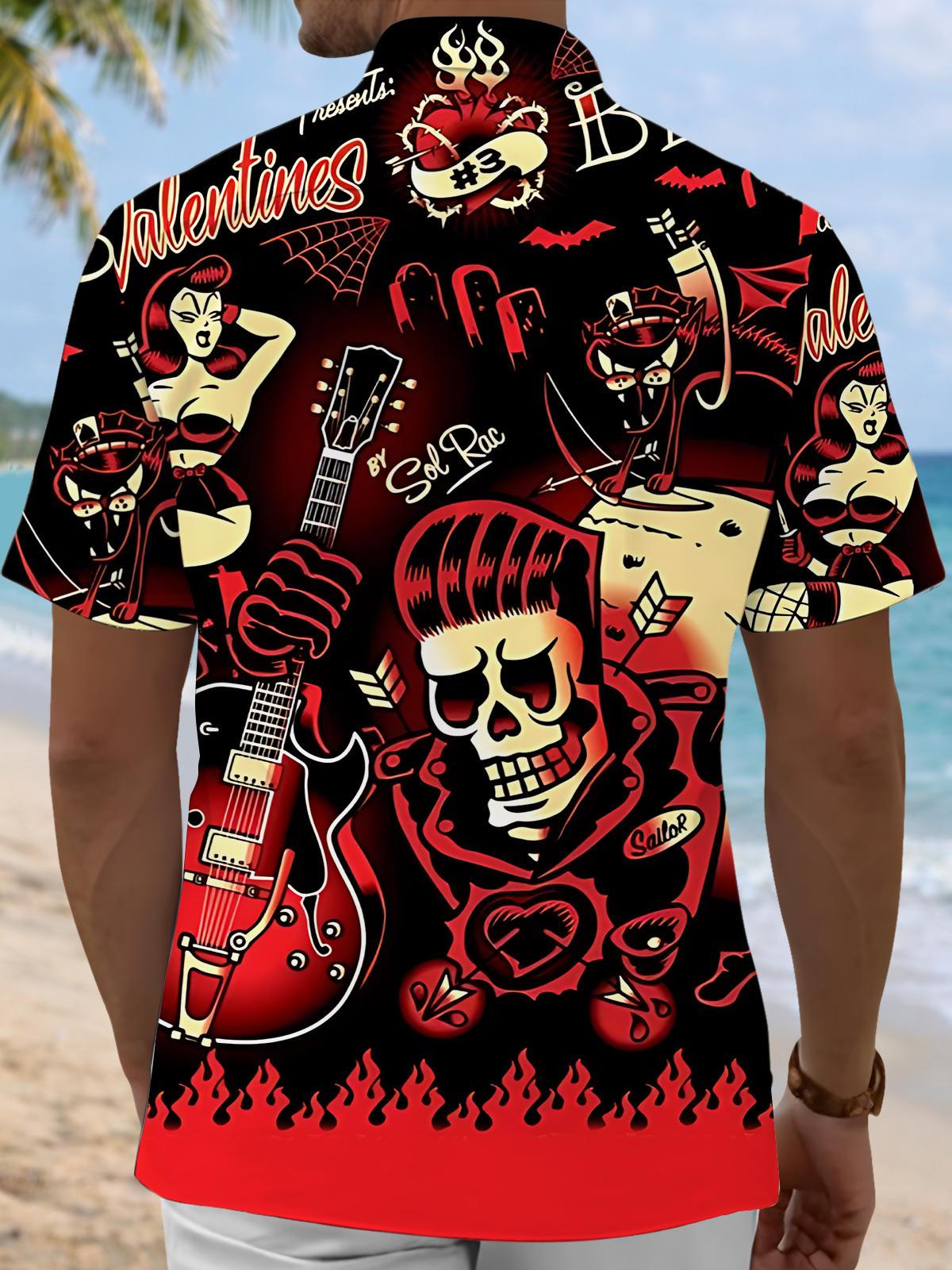 Rock Skull Print Men's Pocket Short Sleeve Shirts