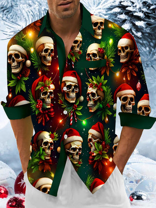 Men's long sleeve skull print Christmas shirt front view for holiday party