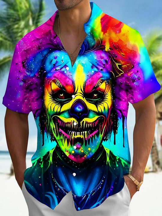 Men's colorful neon horror joker short sleeve shirt front view