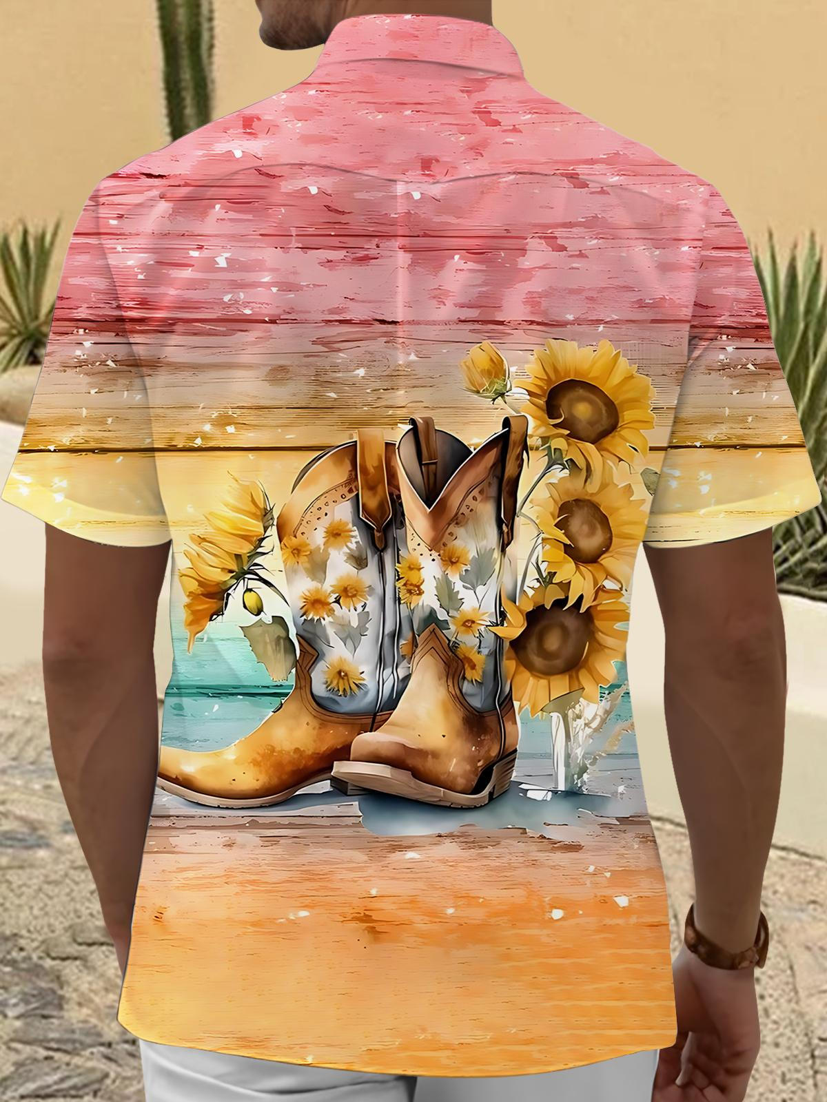 Sunflower Western Boot Print Men's Pocket Short Sleeve Shirts