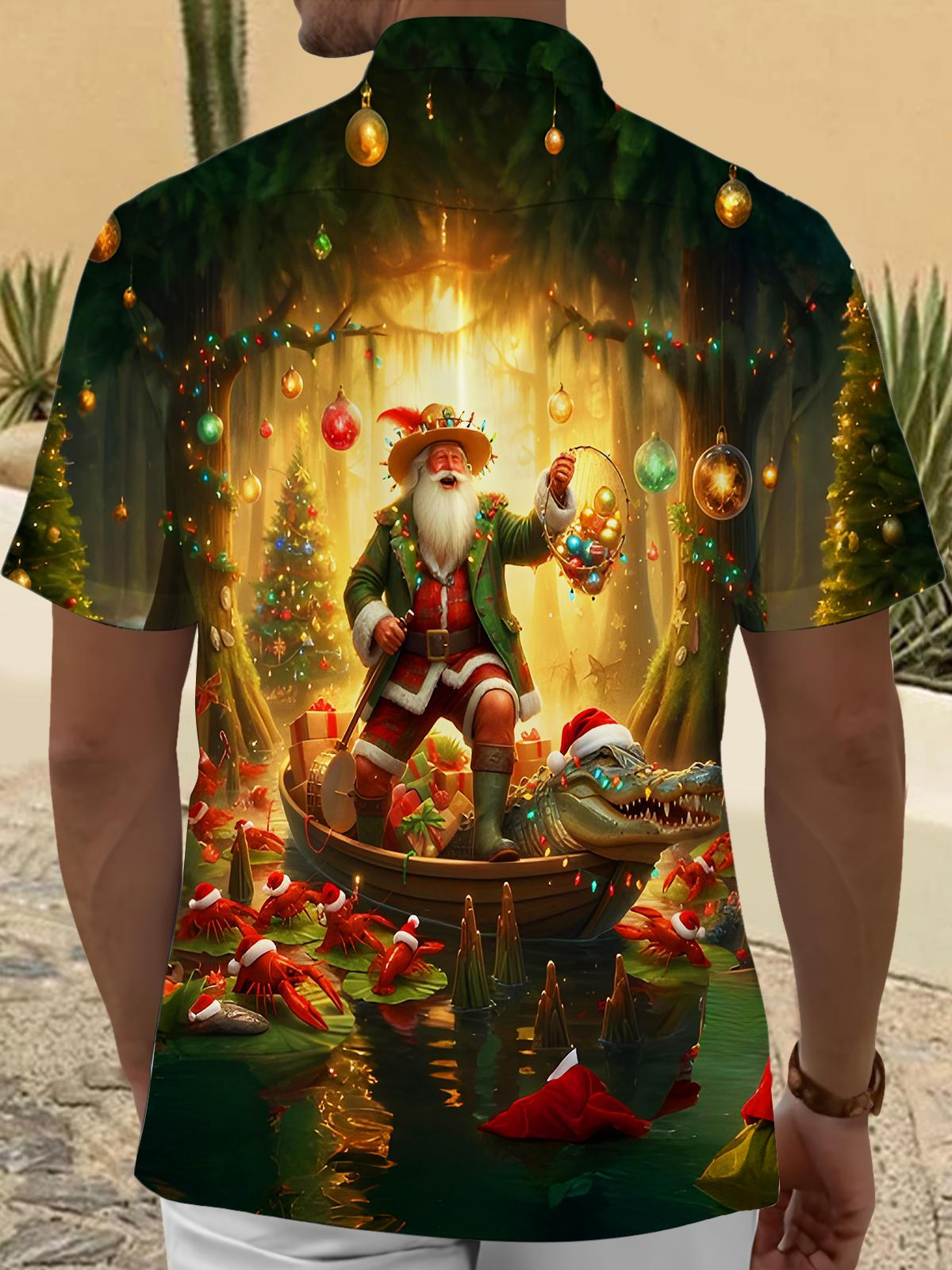 Fun Santa Claus Christmas Crocodile Lobster Xmas Men's Pocket Short Sleeve Shirts