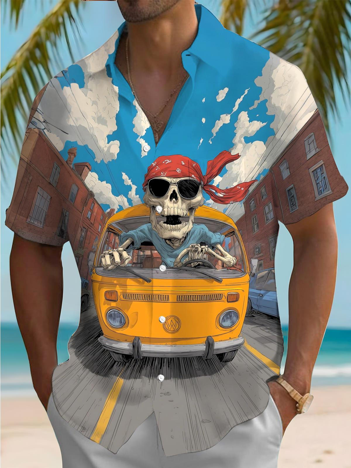 Skull Car Print Men's Pocket Short Sleeve Shirts