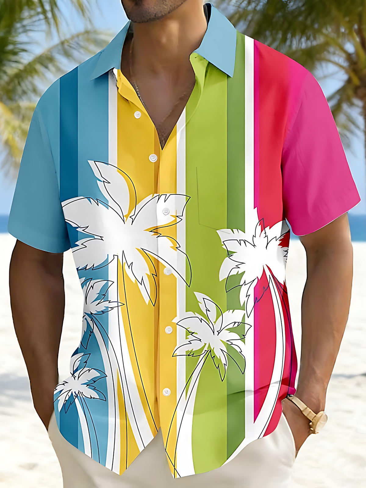 Hawaiian Palm Tree Striped Print Men's Pocket Short Sleeve Shirts