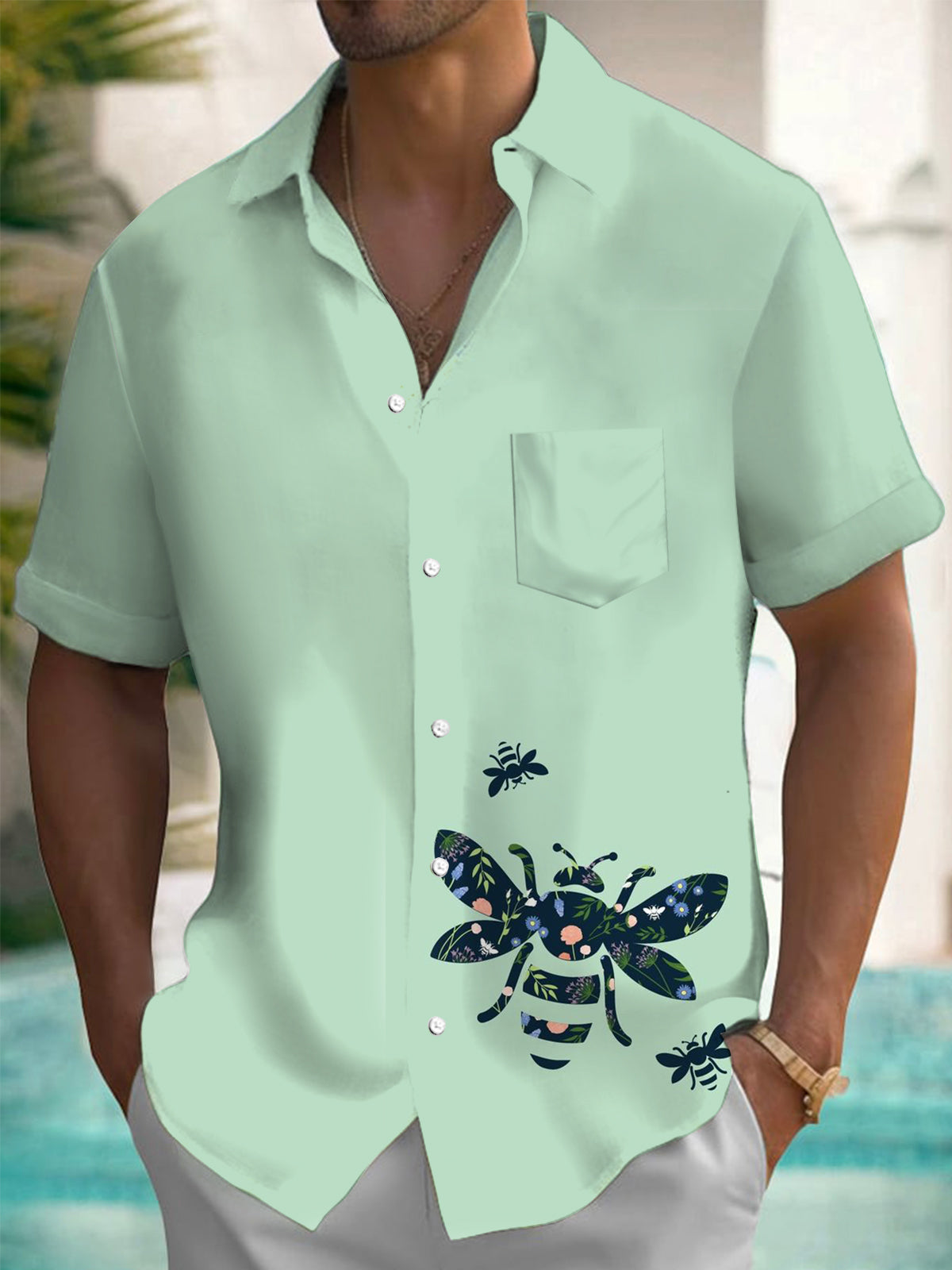 Bee Print Men's Pocket Short Sleeve Shirts