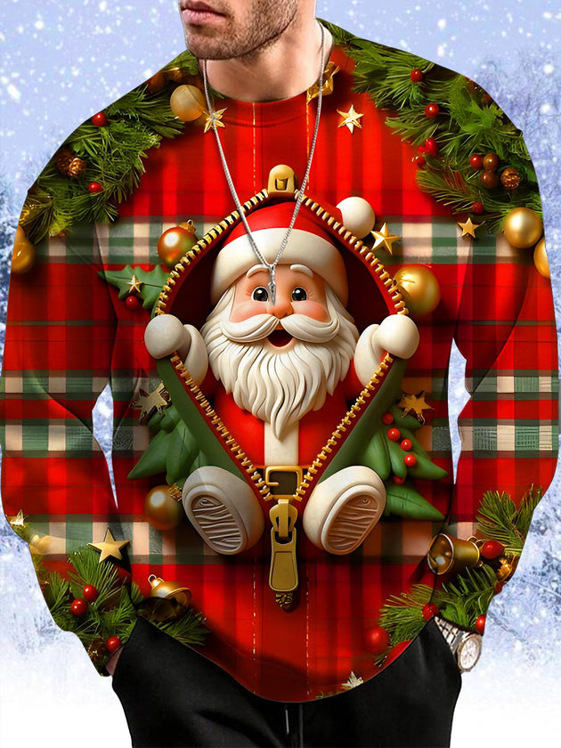 Men's funny plaid zipper Santa Claus Christmas print round neck long sleeve sweatshirt front view