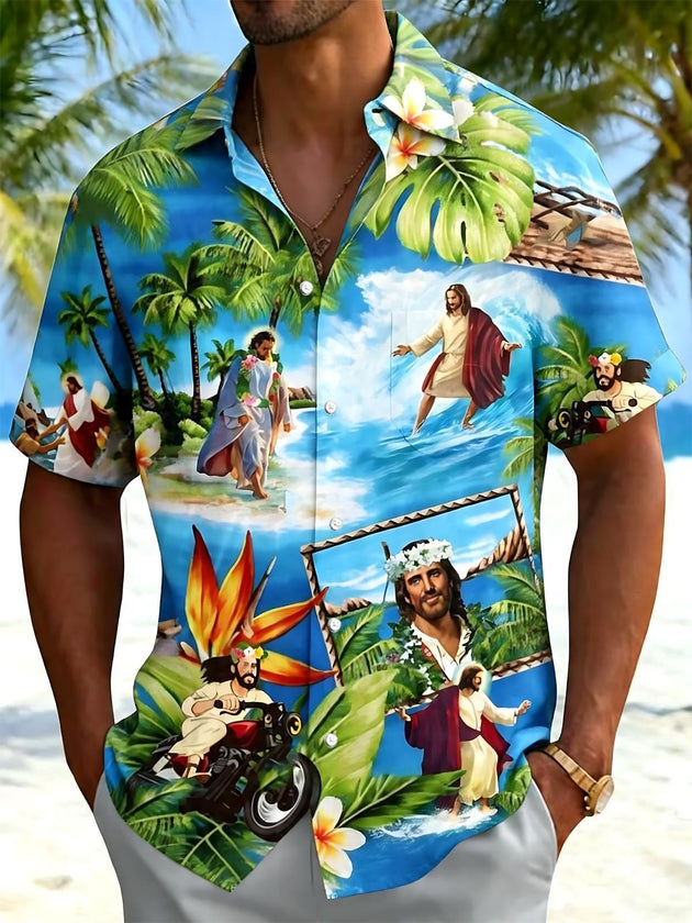 Men's Hawaiian Jesus Print Short Sleeve Shirt Front View for Tropical Beach Vacation