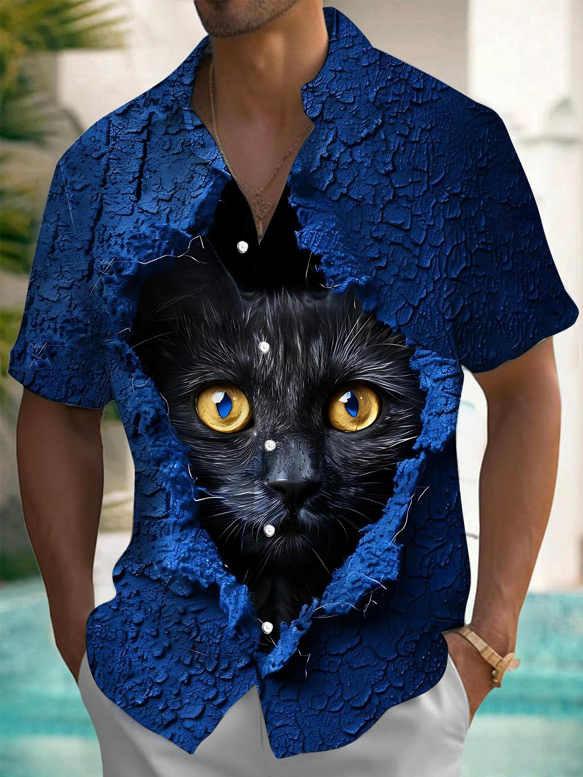 Cat Art Print Men's Pocket Short Sleeve Shirts