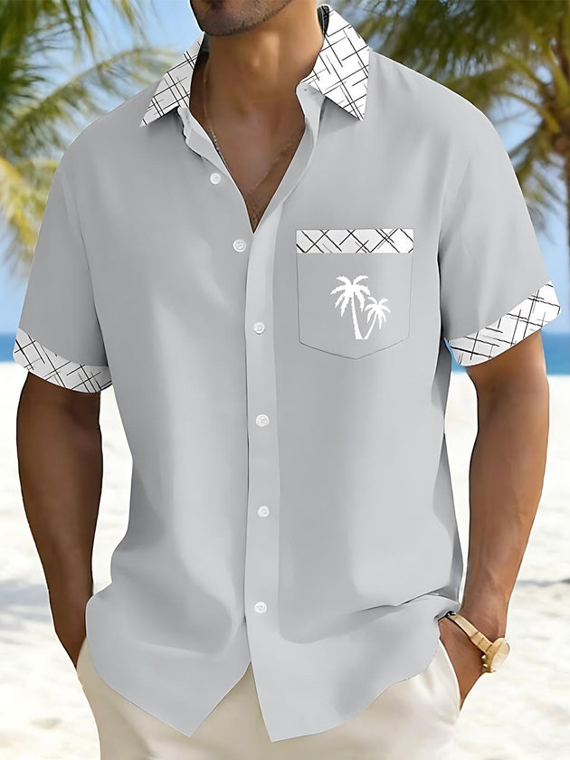 Men's geometric print short sleeve shirt front view for tropical beach vacation