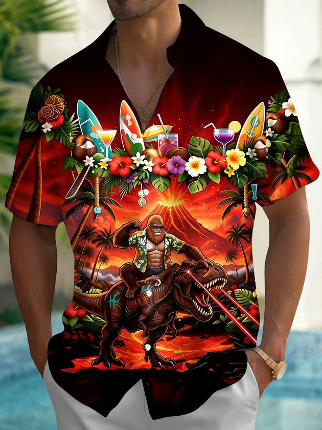 Hawaiian Orangutan Dinosaur Volcano Men's Pocket Short Sleeve Shirts