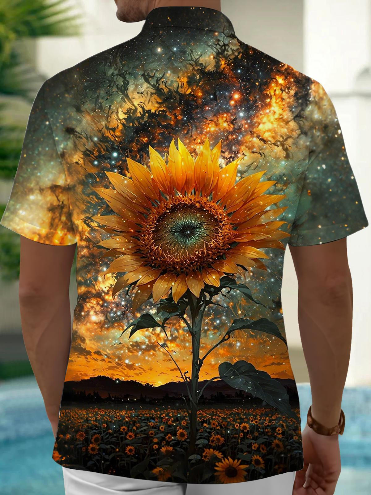 Sunflower Starry Sky Print Men's Pocket Short Sleeve Shirts