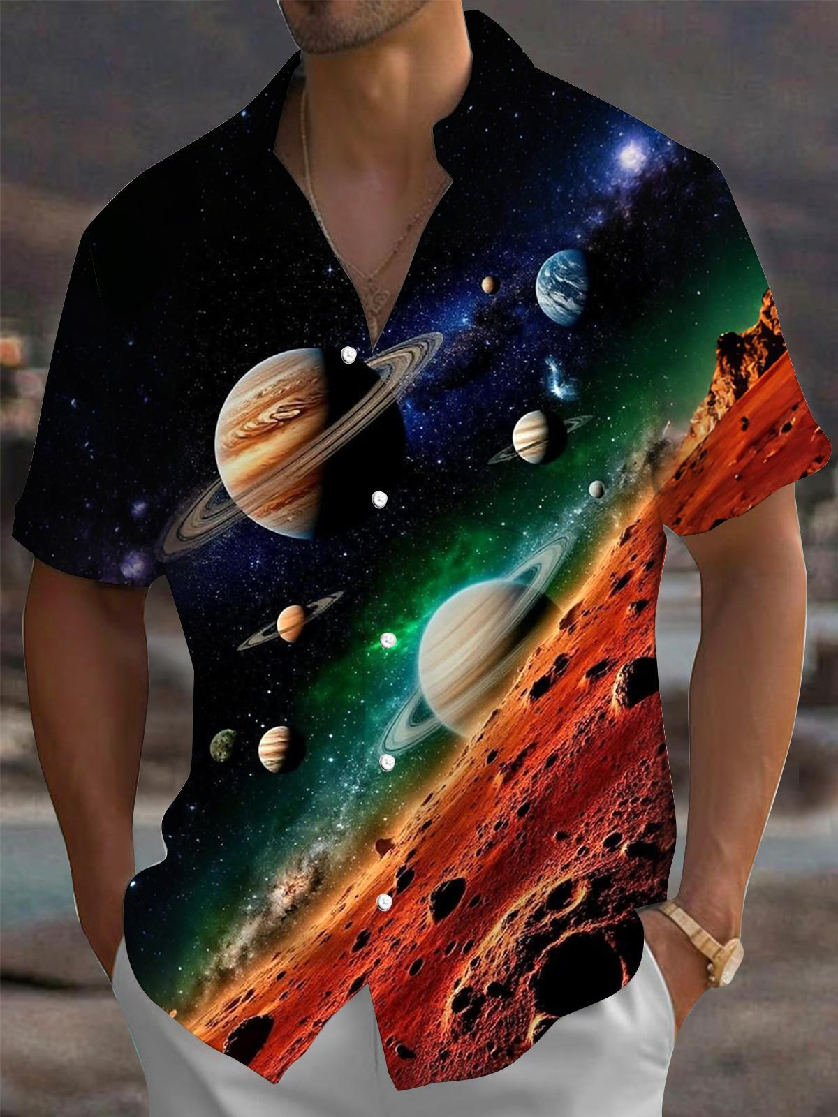 Universe Planet Print Men's Pocket Short Sleeve Shirts