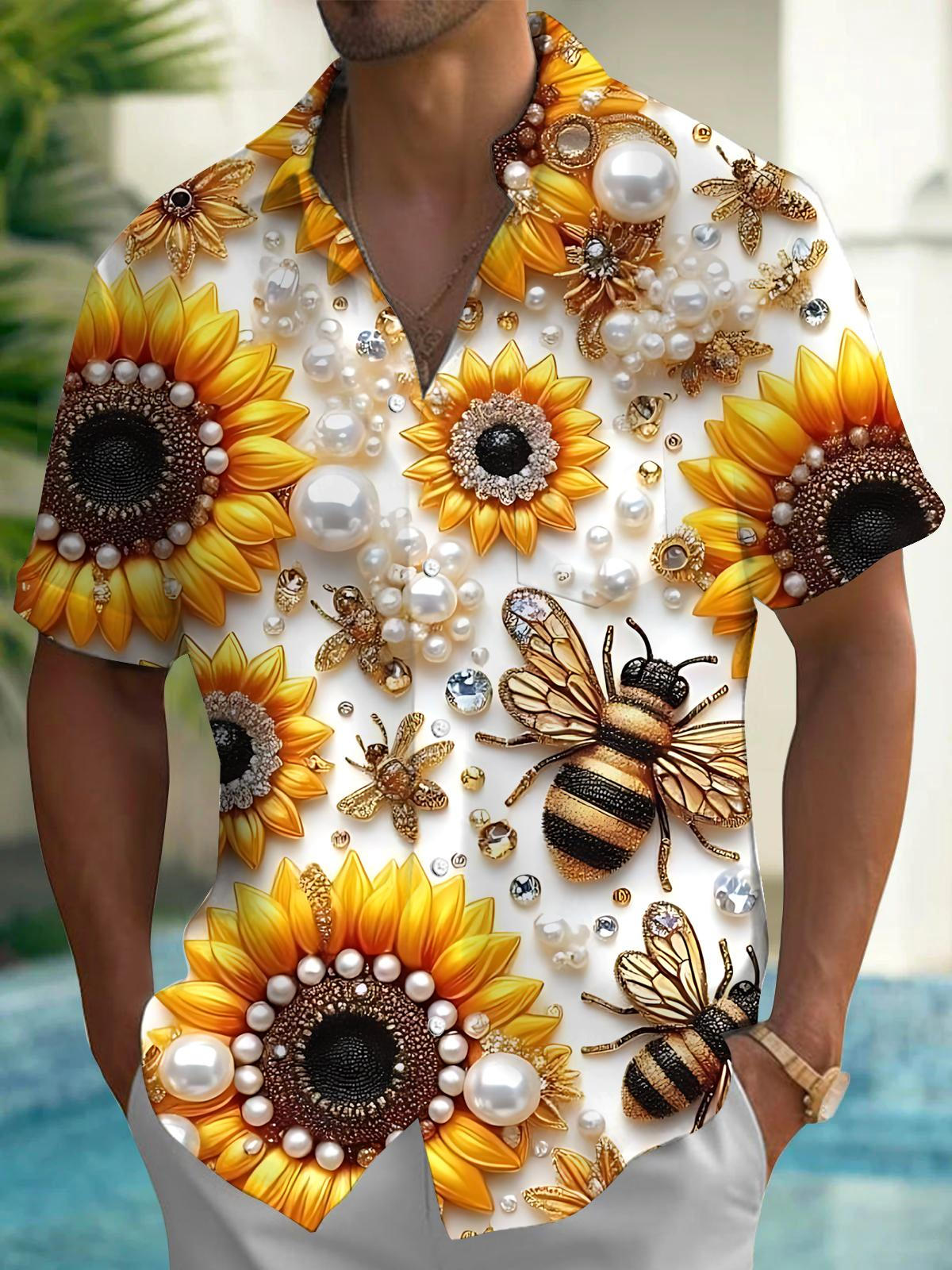 Sunflower Bee Pearl Print Men's Pocket Short Sleeve Shirts