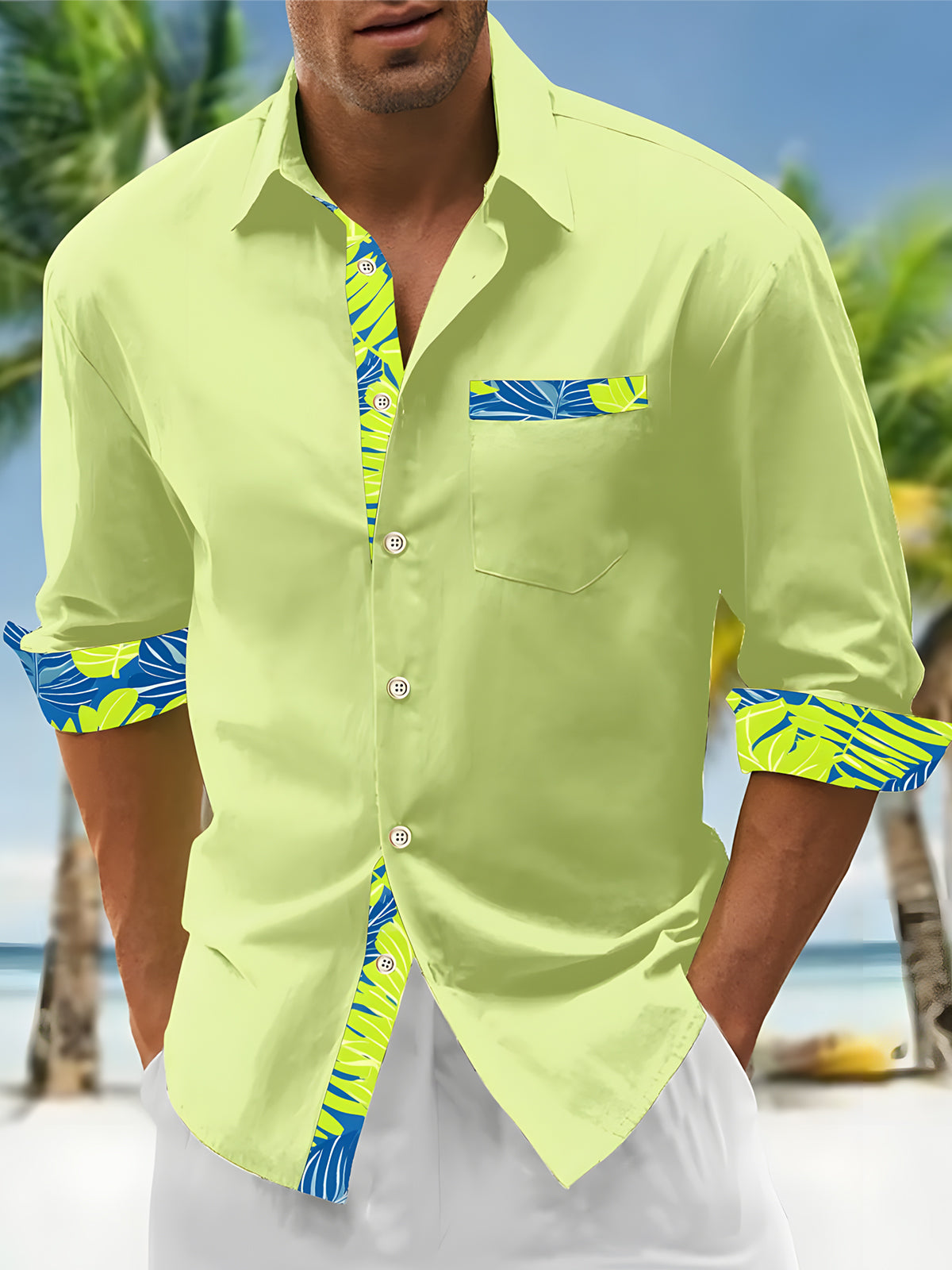 Hawaiian Leaf Print Men's Pocket Long Sleeve Shirts