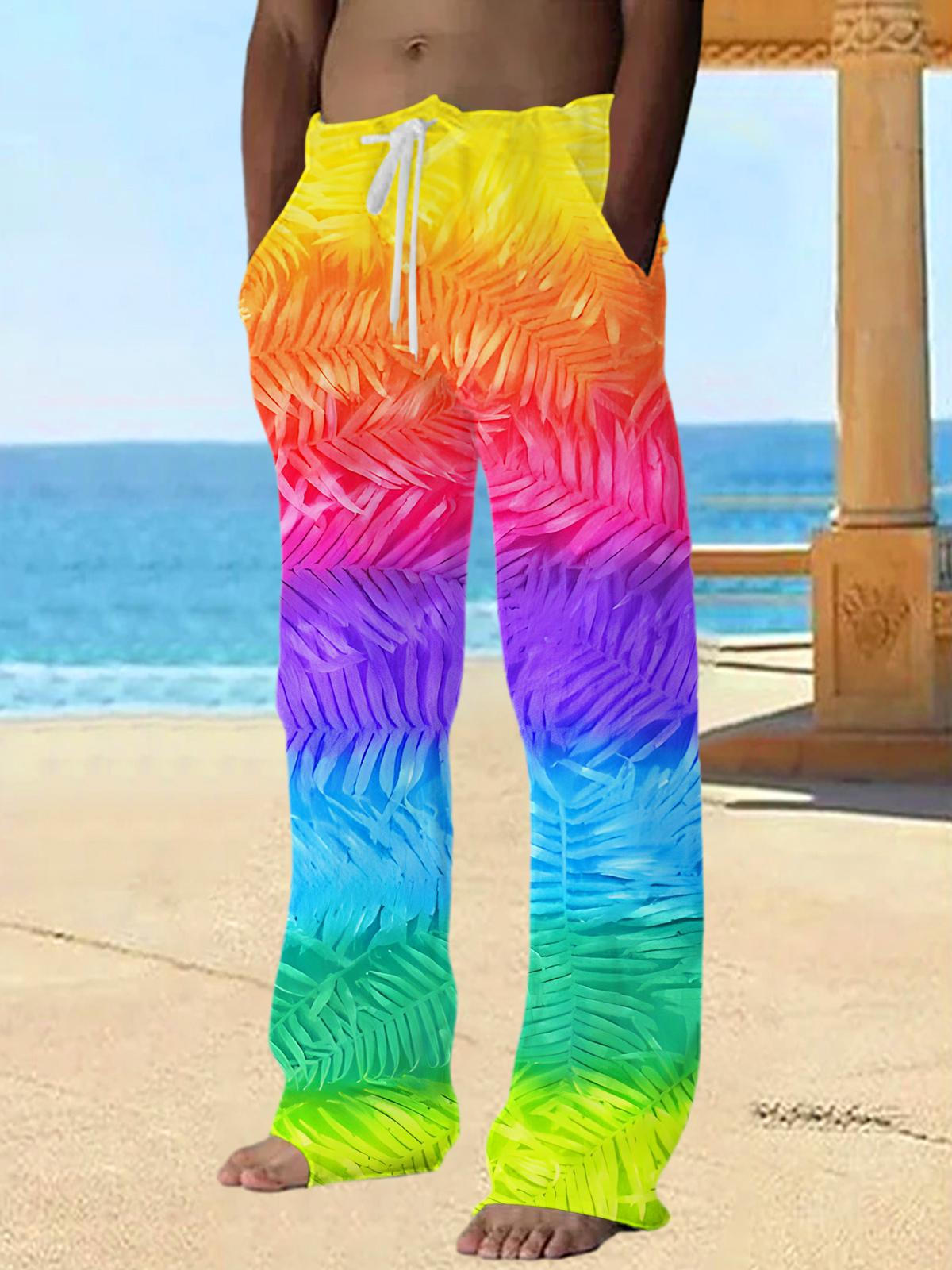 Hawaiian Rainbow Gradient Leaves Men's Casual Elastic Waist Pants