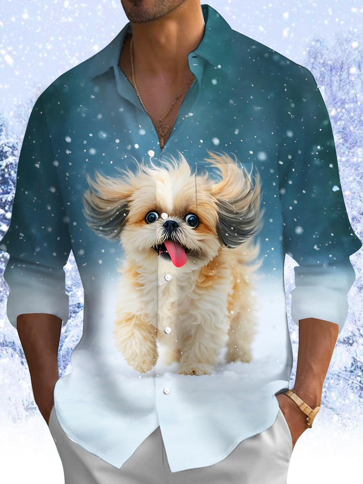 Fun Winter Puppy Snowflake Men's Pocket Long Sleeve Shirts