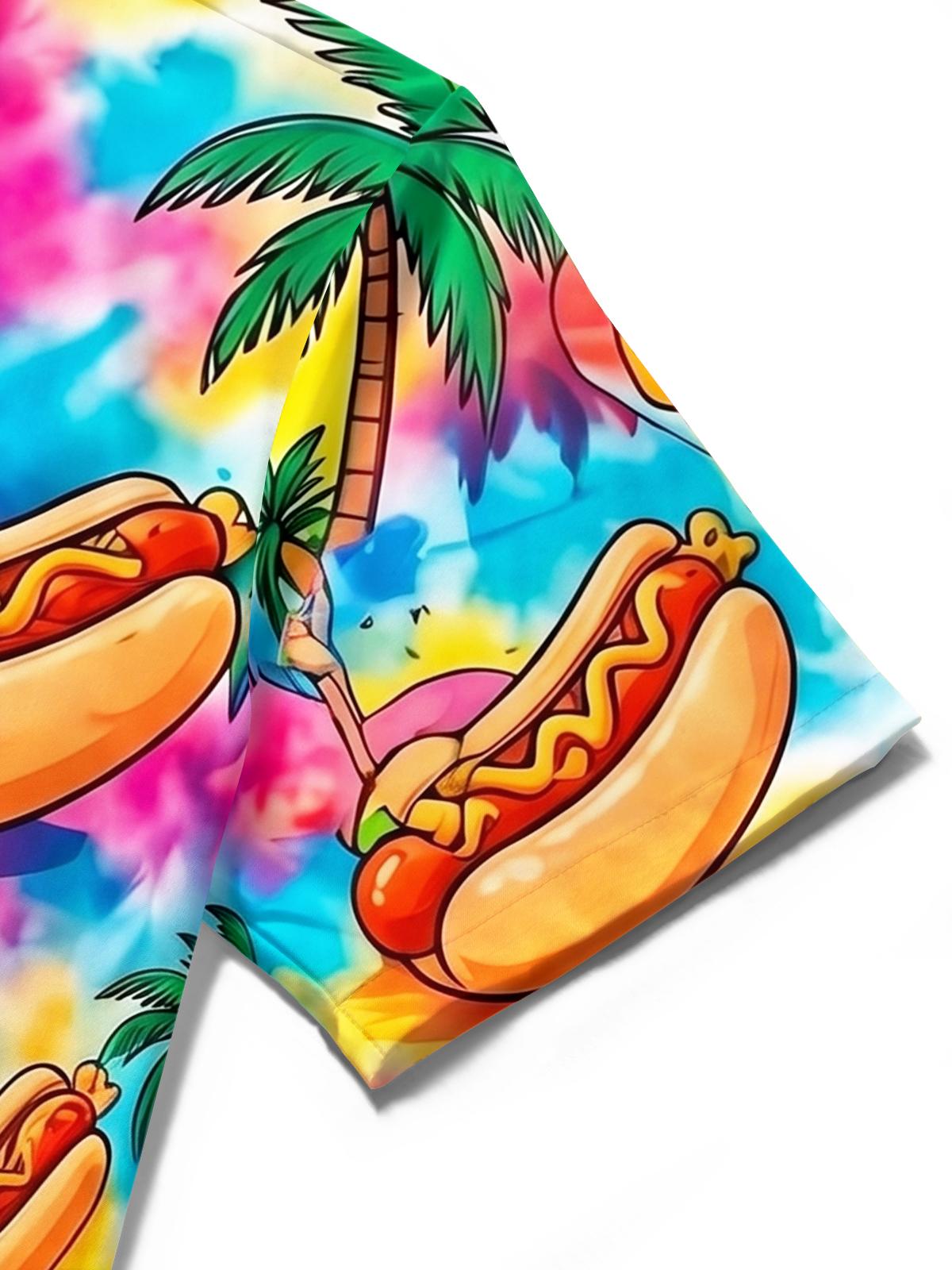 Hawaiian Colorful Tie-Dye Hot Dog Cruise Vacation Men's Pocket Short Sleeve Shirts