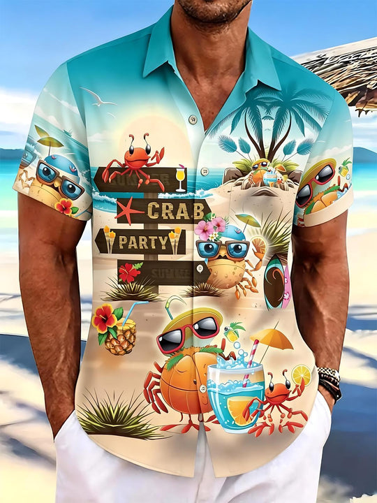 Men's Hawaiian crab print short sleeve shirt front view for tropical beach vacation