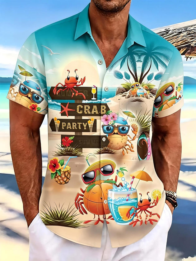 Men's Hawaiian crab print short sleeve shirt front view for tropical beach vacation