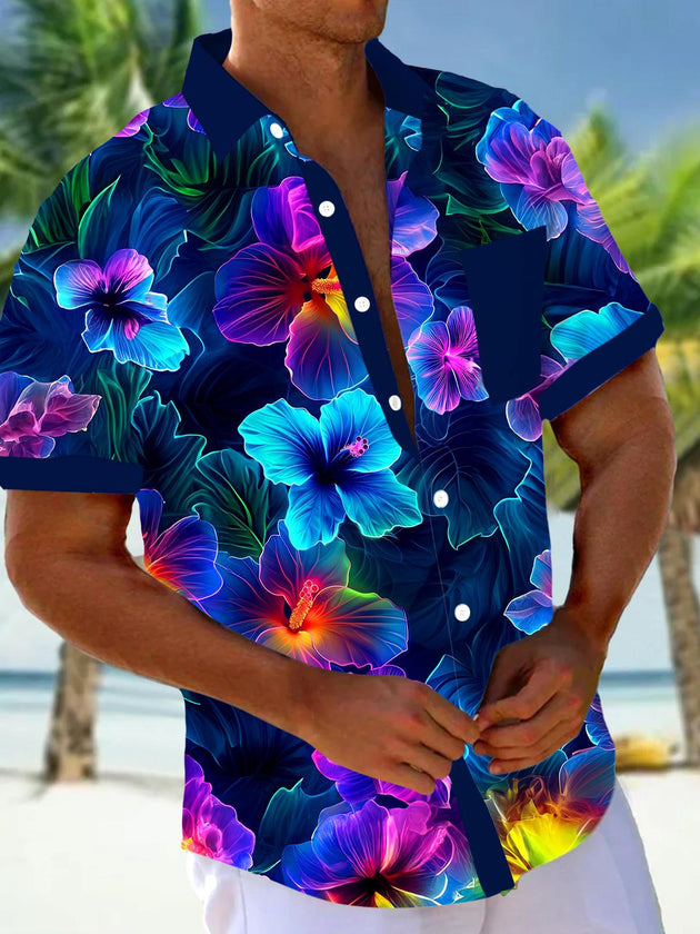 Men's floral short sleeve Hawaiian shirt front view for tropical beach vacation