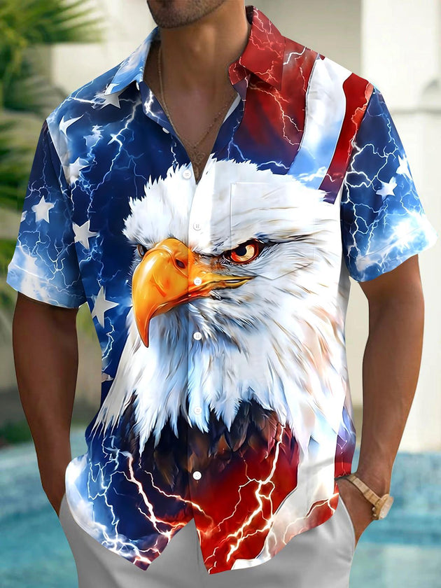 Men's American flag eagle print short sleeve shirt front view for Independence Day