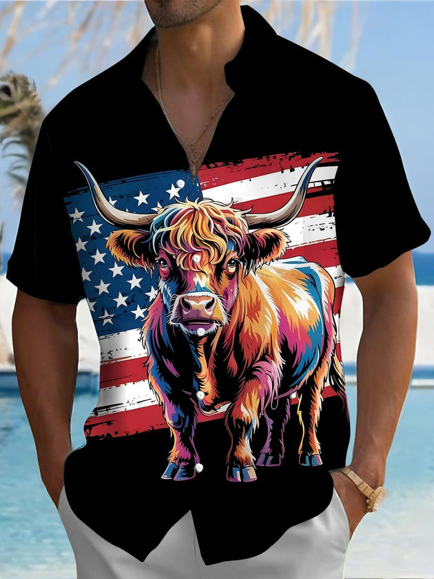 Men's American flag cow print short sleeve shirt front view for Independence Day