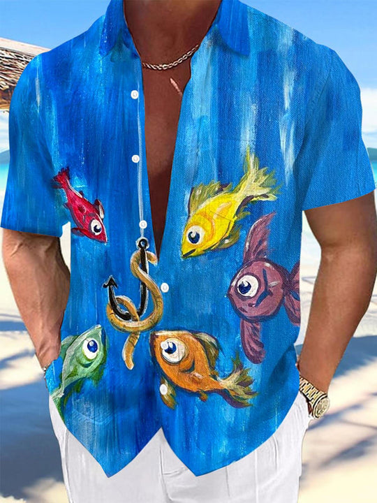 Men's fish print short sleeve shirt front view tropical beach vacation